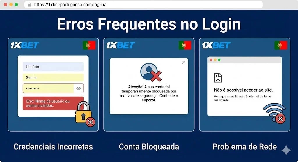 Erros frequentes (credenciais incorretas, conta bloqueada, rede)
